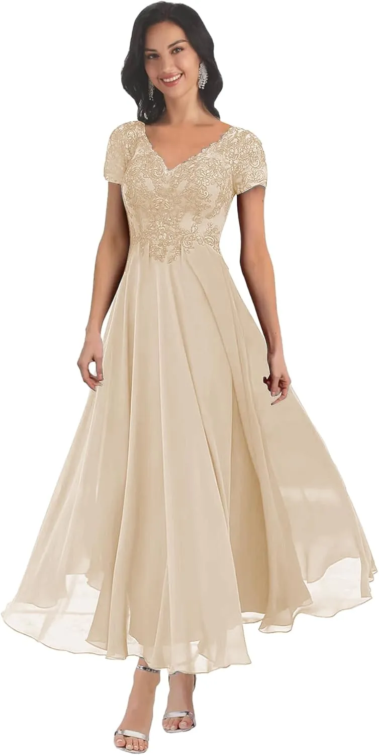 BANTRATIC Chiffon Mother of The Bride Dresses for Wedding V Neck Corset Back Short Sleeves Lace Appliques Bridesmaid Dress