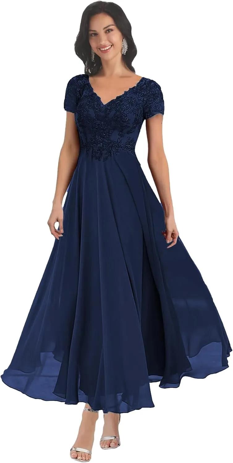 BANTRATIC Chiffon Mother of The Bride Dresses for Wedding V Neck Corset Back Short Sleeves Lace Appliques Bridesmaid Dress