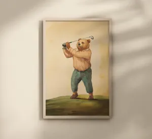 Bear Playing Golf Watercolor Art Print, Baby Shower Gift, Golf Theme Nursery Wall Art, Nursery Decor, 150