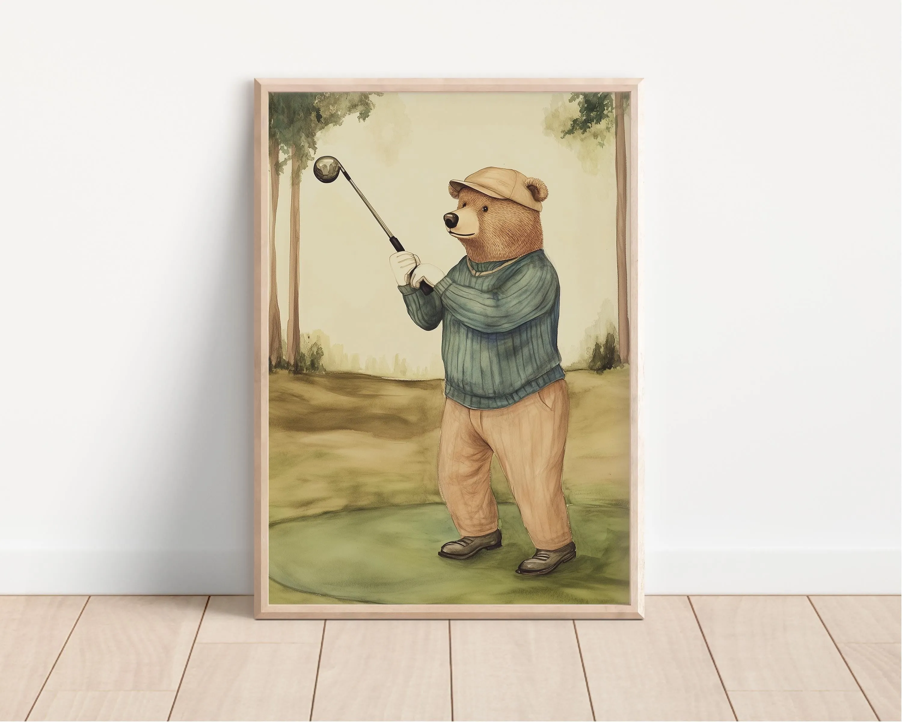 Bear Playing Golf Watercolor Art Print, Baby Shower Gift, Golf Theme Nursery Wall Art, Nursery Decor, 151