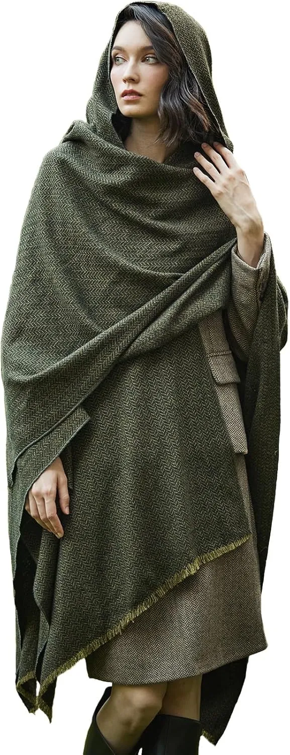 BEAUTELICATE Women Wool Cloak with Hood Open Front Warm Cardigans Blanket Vintage Poncho