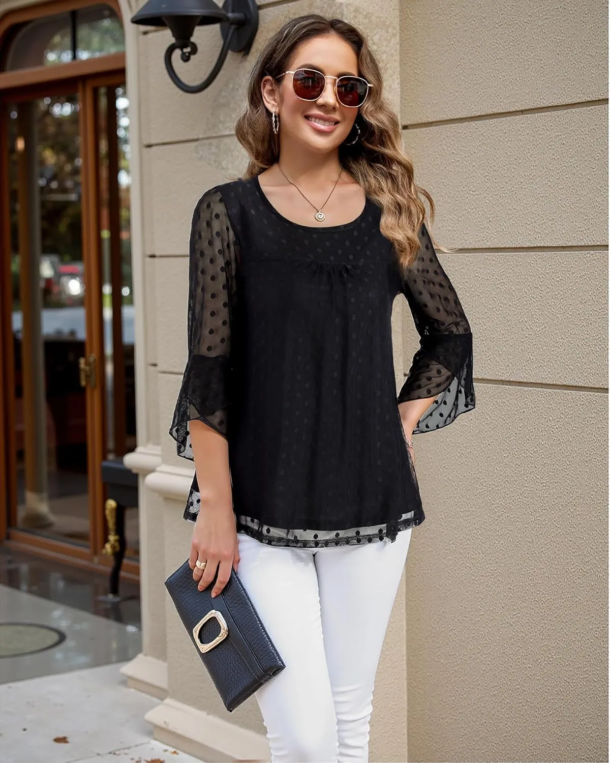 Bebonnie Women's Ruffle 3/4 Sleeve Elegant Dressy Blouses Crew Neck Double Layers Mesh Tunic Tops