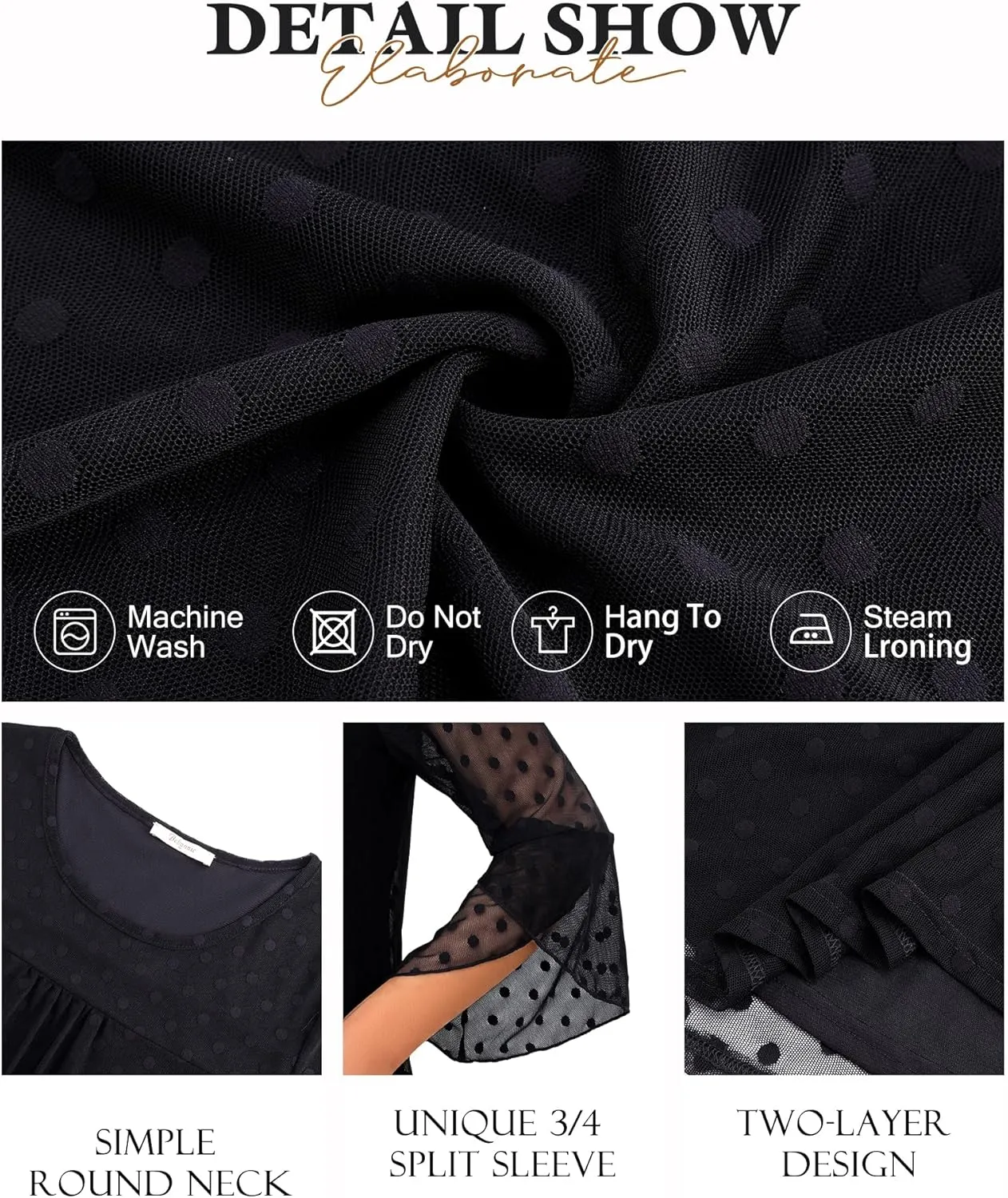 Bebonnie Women's Ruffle 3/4 Sleeve Elegant Dressy Blouses Crew Neck Double Layers Mesh Tunic Tops