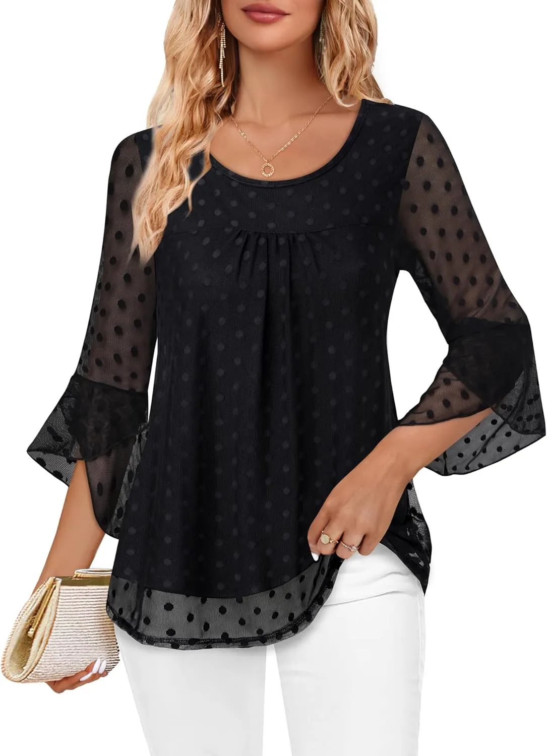 Bebonnie Women's Ruffle 3/4 Sleeve Elegant Dressy Blouses Crew Neck Double Layers Mesh Tunic Tops