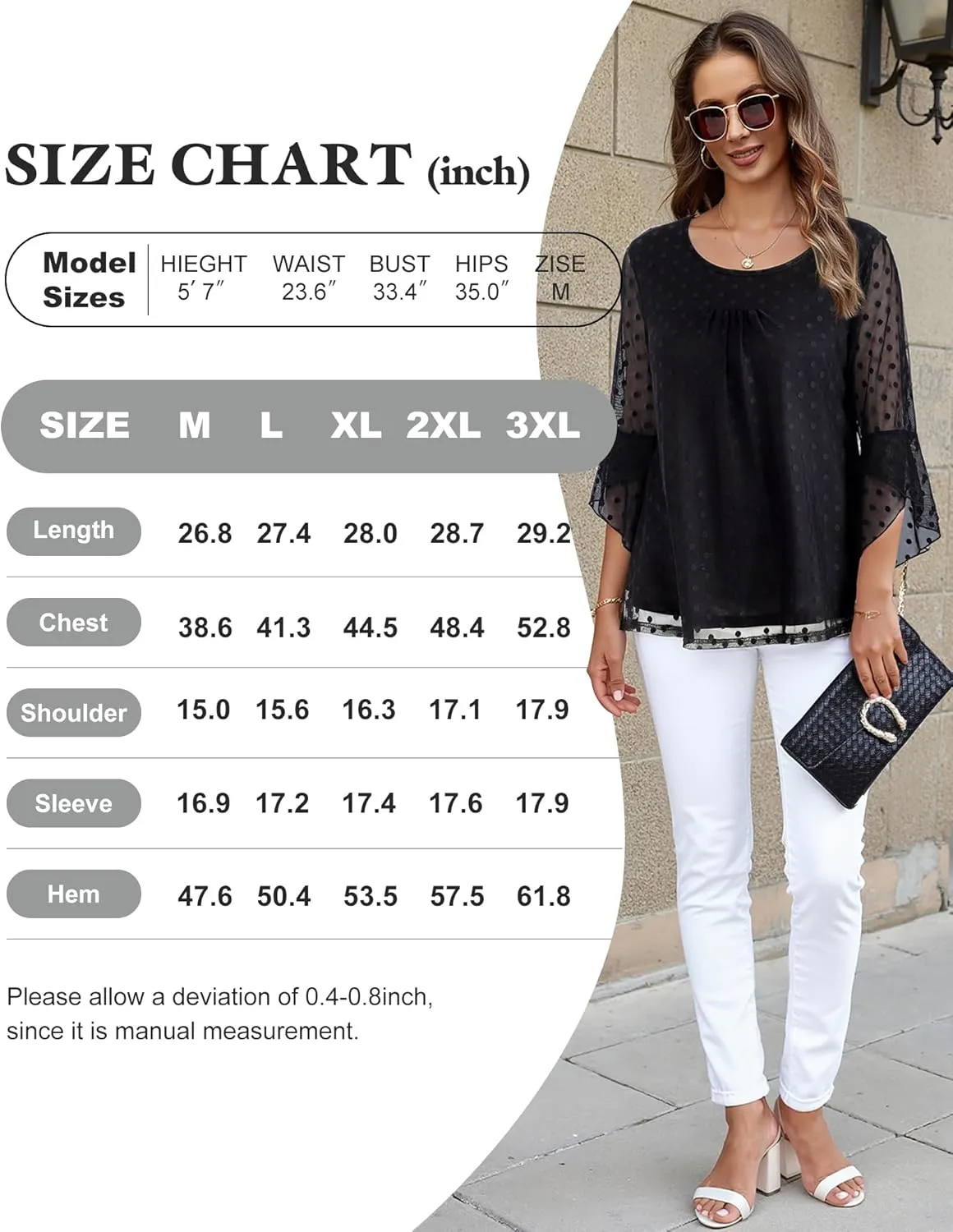 Bebonnie Women's Ruffle 3/4 Sleeve Elegant Dressy Blouses Crew Neck Double Layers Mesh Tunic Tops