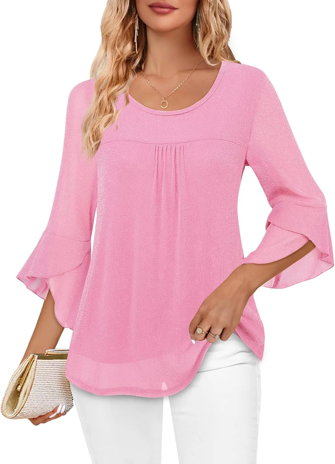 Bebonnie Women's Ruffle 3/4 Sleeve Elegant Dressy Blouses Crew Neck Double Layers Mesh Tunic Tops