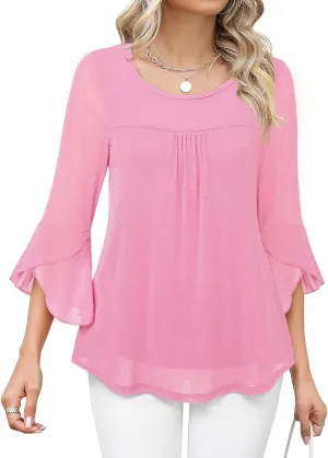 Bebonnie Women's Ruffle 3/4 Sleeve Elegant Dressy Blouses Crew Neck Double Layers Mesh Tunic Tops