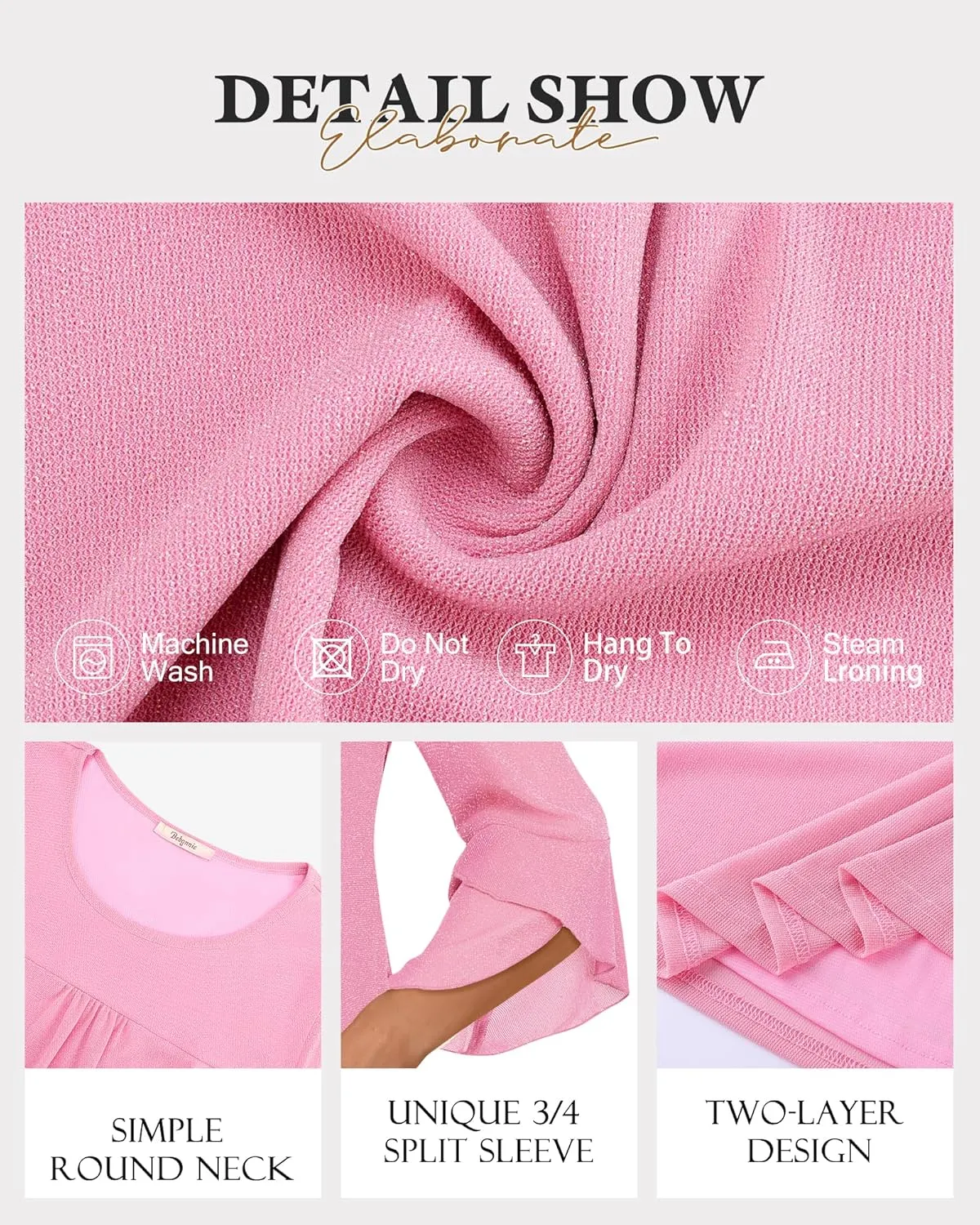 Bebonnie Women's Ruffle 3/4 Sleeve Elegant Dressy Blouses Crew Neck Double Layers Mesh Tunic Tops