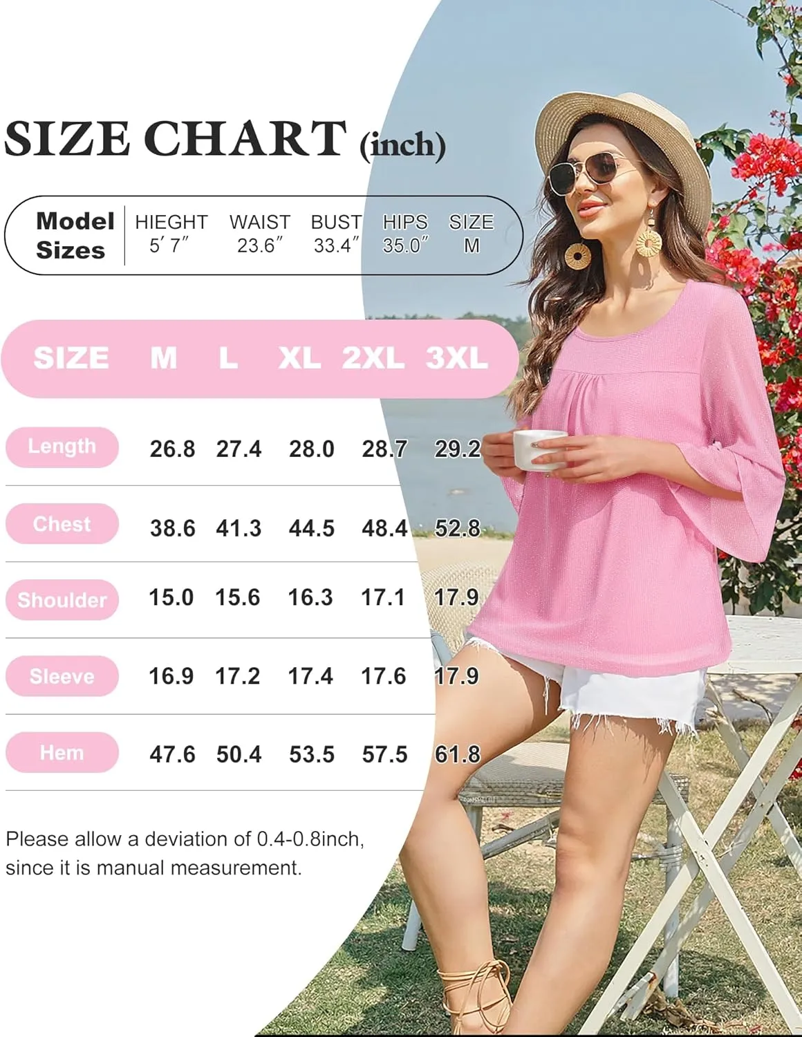 Bebonnie Women's Ruffle 3/4 Sleeve Elegant Dressy Blouses Crew Neck Double Layers Mesh Tunic Tops