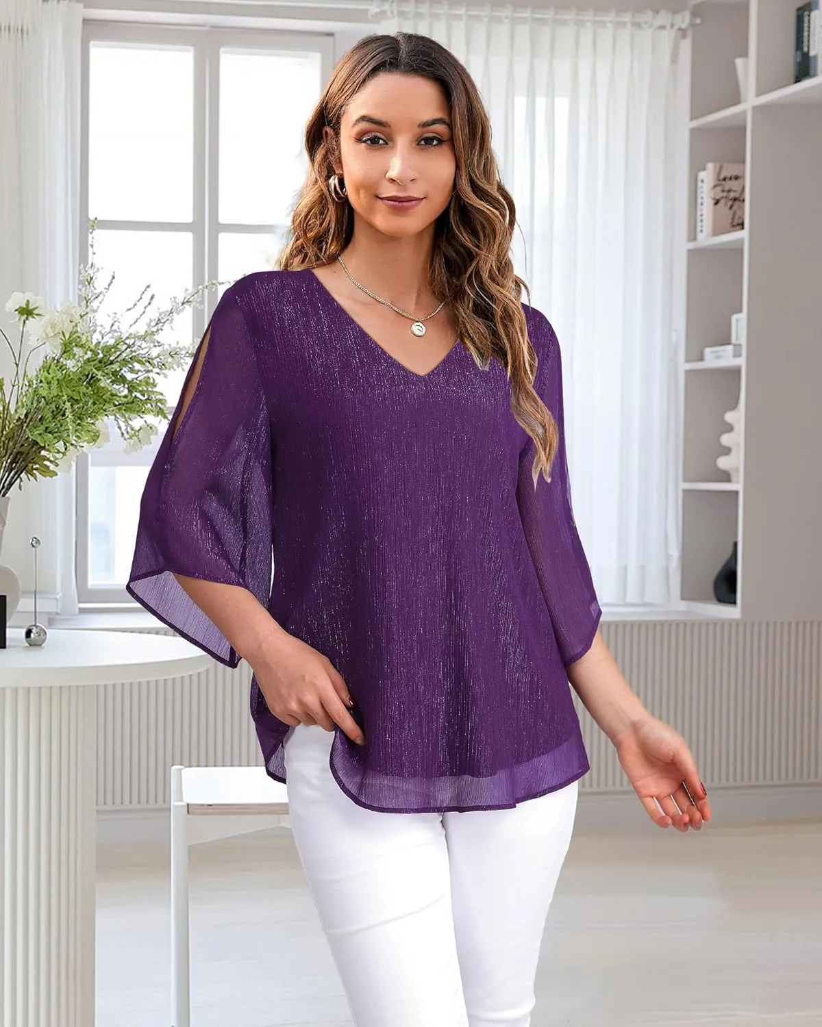Bebonnie Womens Ruffle 3/4 Sleeve V Neck Double Layers Chiffon Blouses Dressy Tops