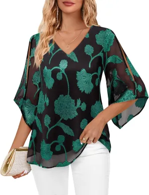 Bebonnie Womens Ruffle 3/4 Sleeve V Neck Double Layers Chiffon Blouses Dressy Tops