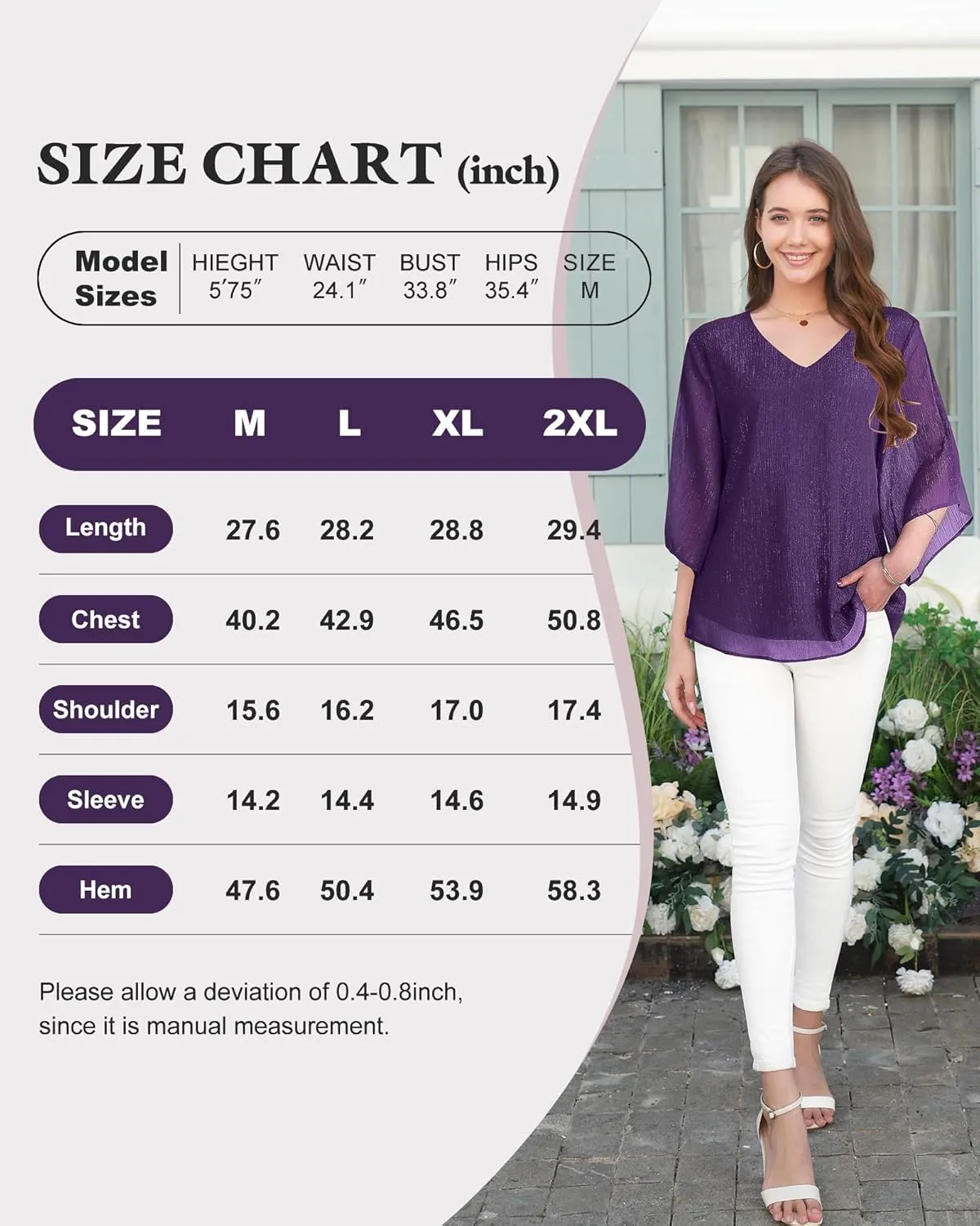 Bebonnie Womens Ruffle 3/4 Sleeve V Neck Double Layers Chiffon Blouses Dressy Tops