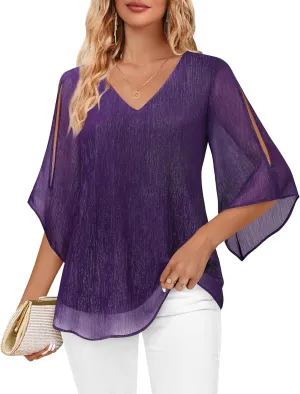 Bebonnie Womens Ruffle 3/4 Sleeve V Neck Double Layers Chiffon Blouses Dressy Tops