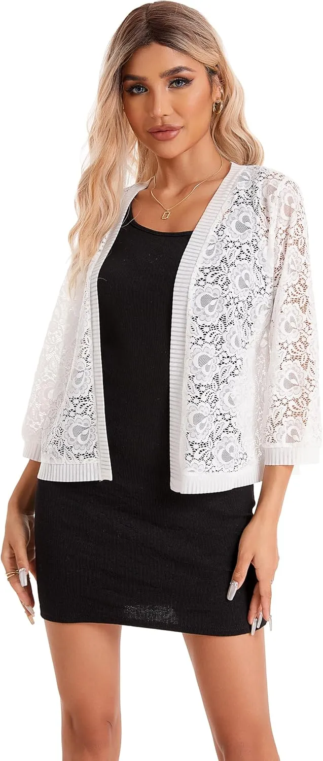 BENANCY Women's Lace Cardigans 3/4 Sleeve Open Front Cover Up Jacket
