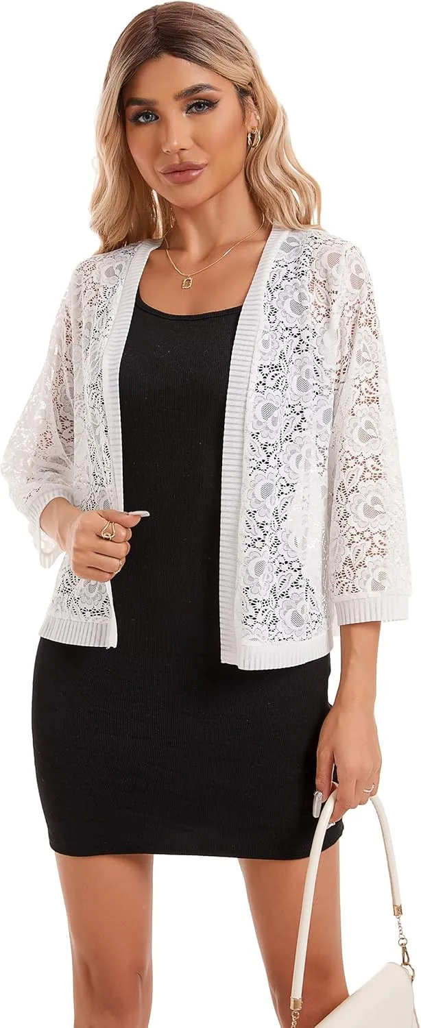 BENANCY Women's Lace Cardigans 3/4 Sleeve Open Front Cover Up Jacket