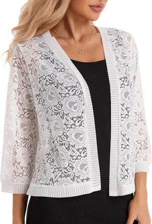 BENANCY Women's Lace Cardigans 3/4 Sleeve Open Front Cover Up Jacket