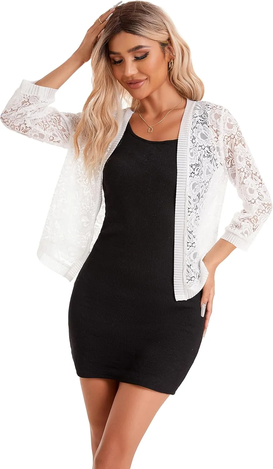BENANCY Women's Lace Cardigans 3/4 Sleeve Open Front Cover Up Jacket