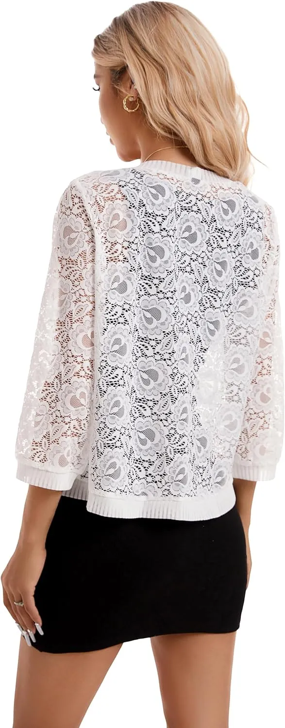BENANCY Women's Lace Cardigans 3/4 Sleeve Open Front Cover Up Jacket