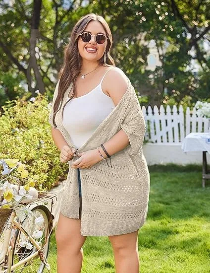 Beyove Plus Size Women Short Sleeve Summer Kimonos Boho Open Front Knitted Cardigans