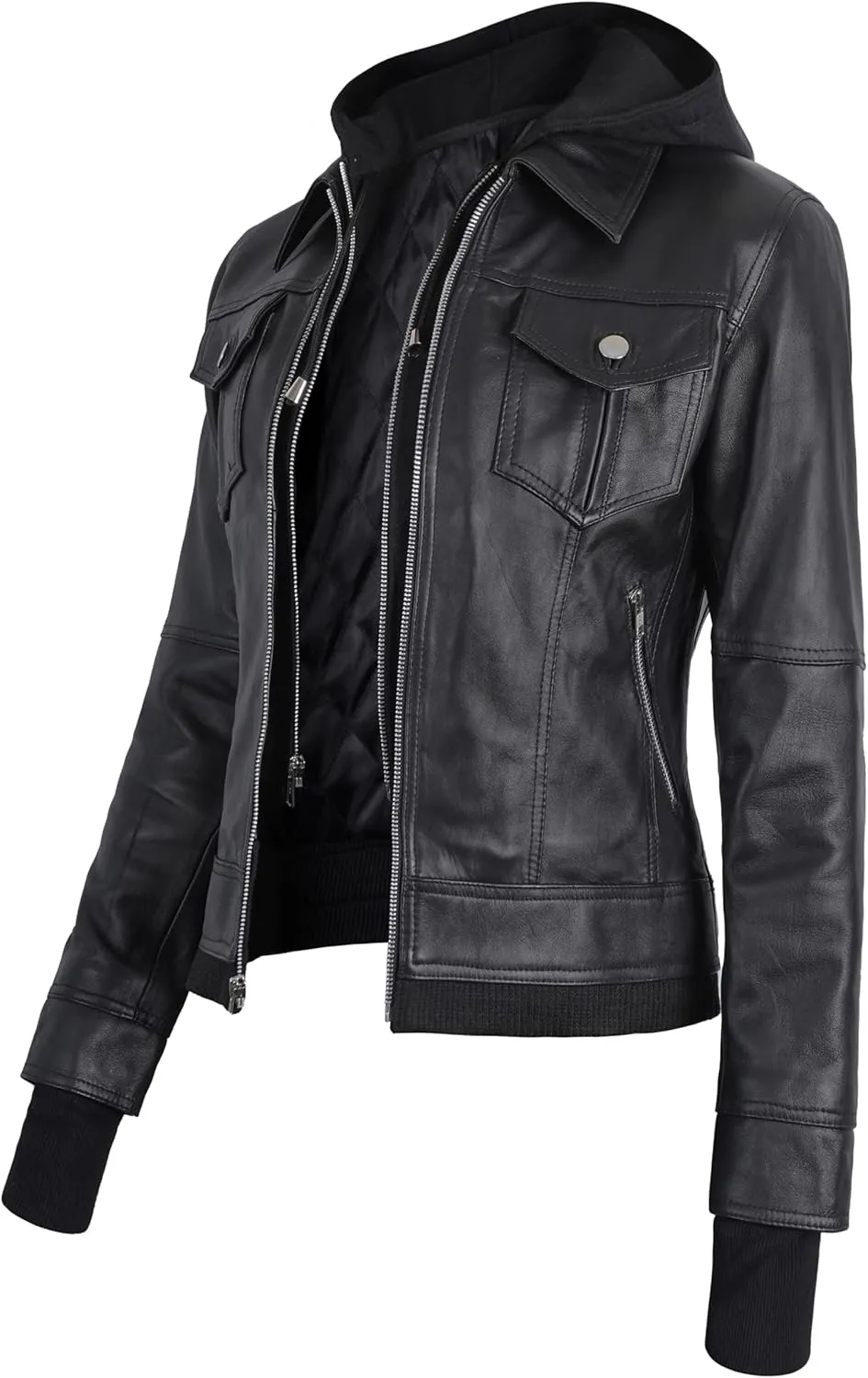 Black Leather Jacket Women with Removable Hood - Real Lambskin Womens Leather Jacket