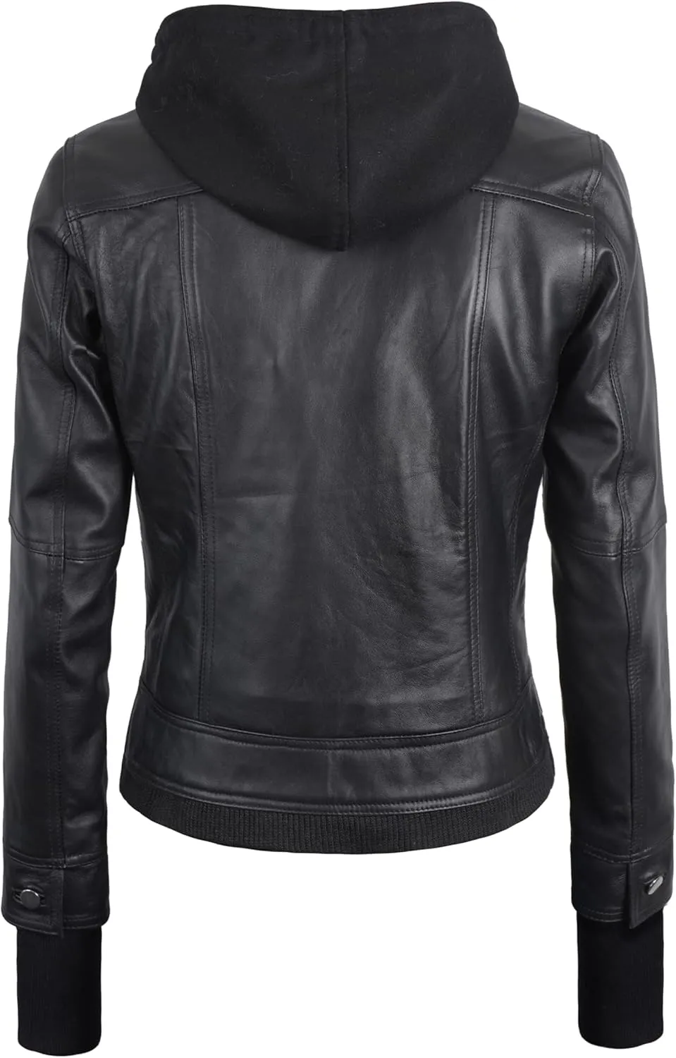 Black Leather Jacket Women with Removable Hood - Real Lambskin Womens Leather Jacket