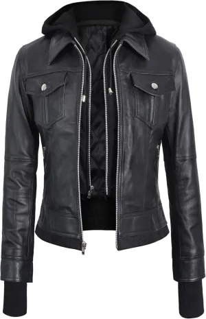 Black Leather Jacket Women with Removable Hood - Real Lambskin Womens Leather Jacket
