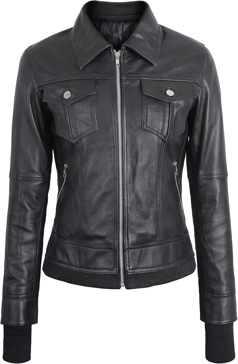 Black Leather Jacket Women with Removable Hood - Real Lambskin Womens Leather Jacket