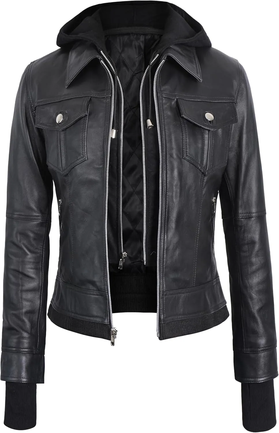 Black Leather Jacket Women with Removable Hood - Real Lambskin Womens Leather Jacket