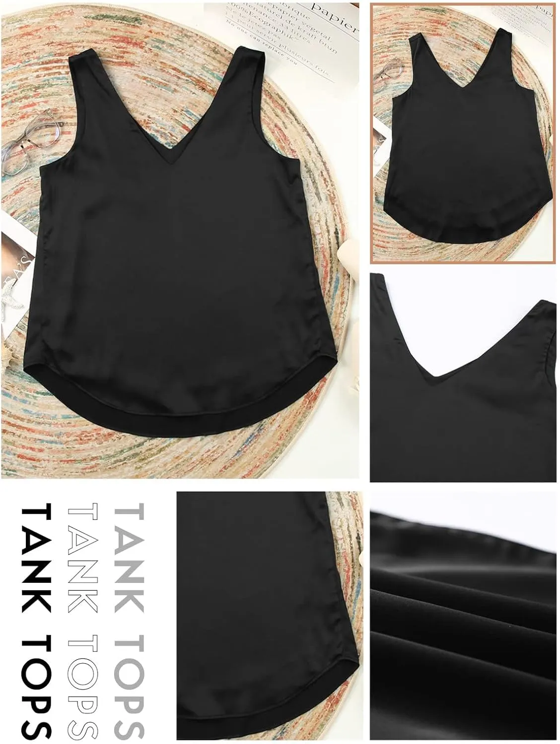 BLENCOT Tank Tops for Women V Neck Silk Summer Satin Sleeveless Blouses Basic Camisole Shirts