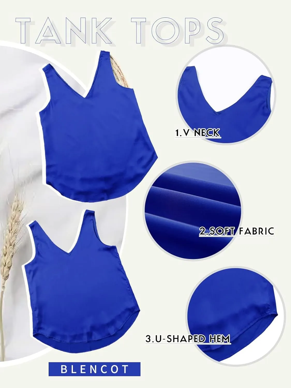 BLENCOT Tank Tops for Women V Neck Silk Summer Satin Sleeveless Blouses Basic Camisole Shirts