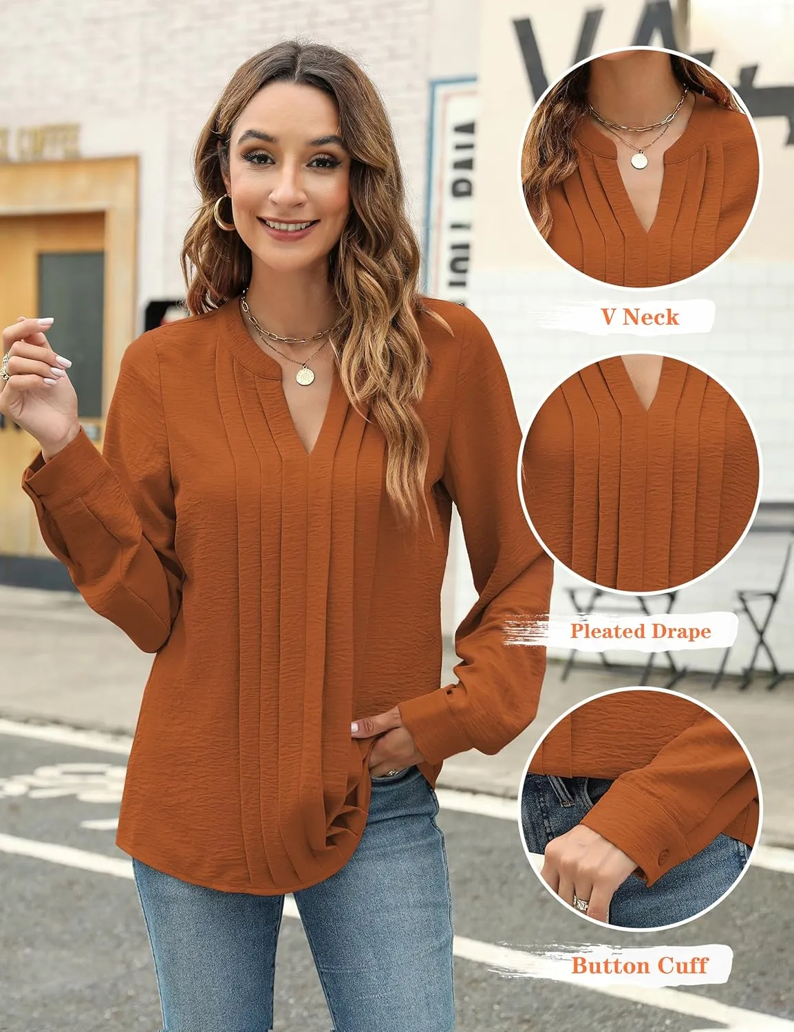 Blooming Jelly Women's Dressy Casual Blouses Business Work Tops Long Sleeve V Neck Pleated Shirts 2025 Fall Outfits