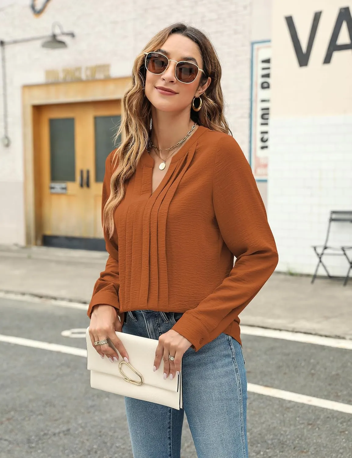 Blooming Jelly Women's Dressy Casual Blouses Business Work Tops Long Sleeve V Neck Pleated Shirts 2025 Fall Outfits