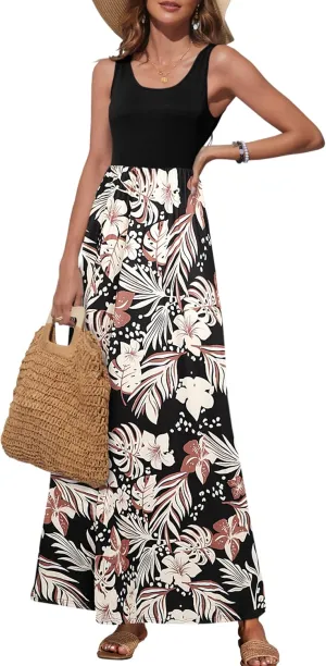 Bluetime Women's Summer Boho Sleeveless Floral Print Tank Long Maxi Dress (S-3XL)
