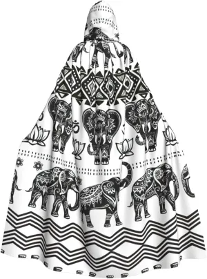 Bohemian Elephant Pattern Print Long Cape Unisex Cloak With Hood Halloween Costume Cloak Adult Vampire Witch Cape