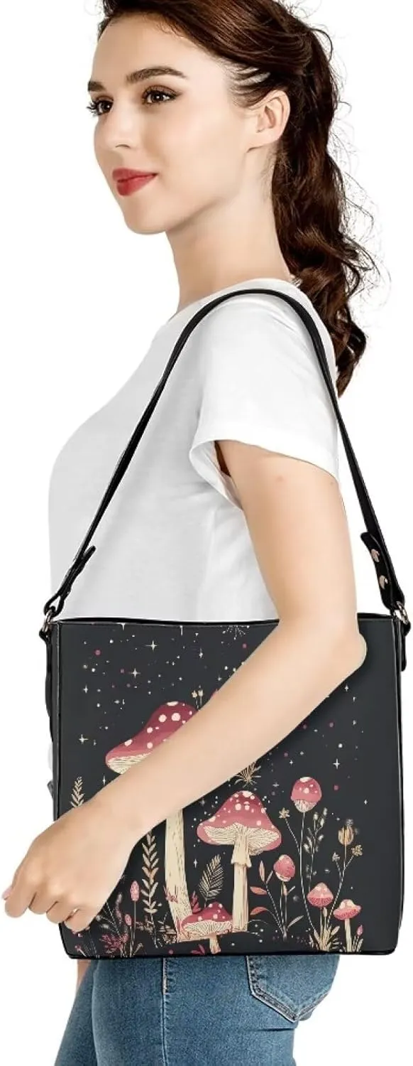 Boho Bags for Women Mushroom Graphic Leather Handbag Shoulder Crossbody Purse with Magnetic Snap and Strap