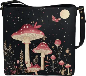 Boho Bags for Women Mushroom Graphic Leather Handbag Shoulder Crossbody Purse with Magnetic Snap and Strap