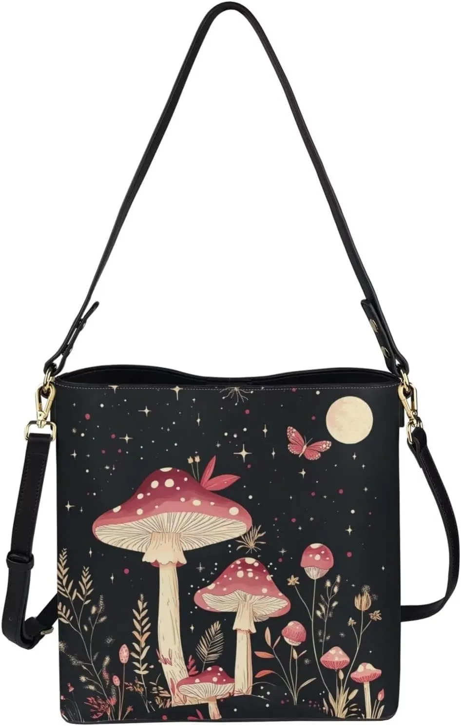 Boho Bags for Women Mushroom Graphic Leather Handbag Shoulder Crossbody Purse with Magnetic Snap and Strap