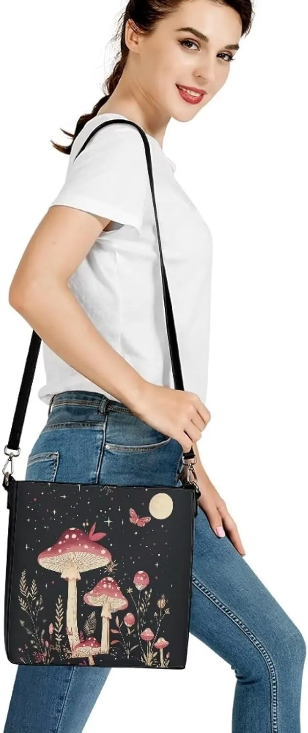 Boho Bags for Women Mushroom Graphic Leather Handbag Shoulder Crossbody Purse with Magnetic Snap and Strap