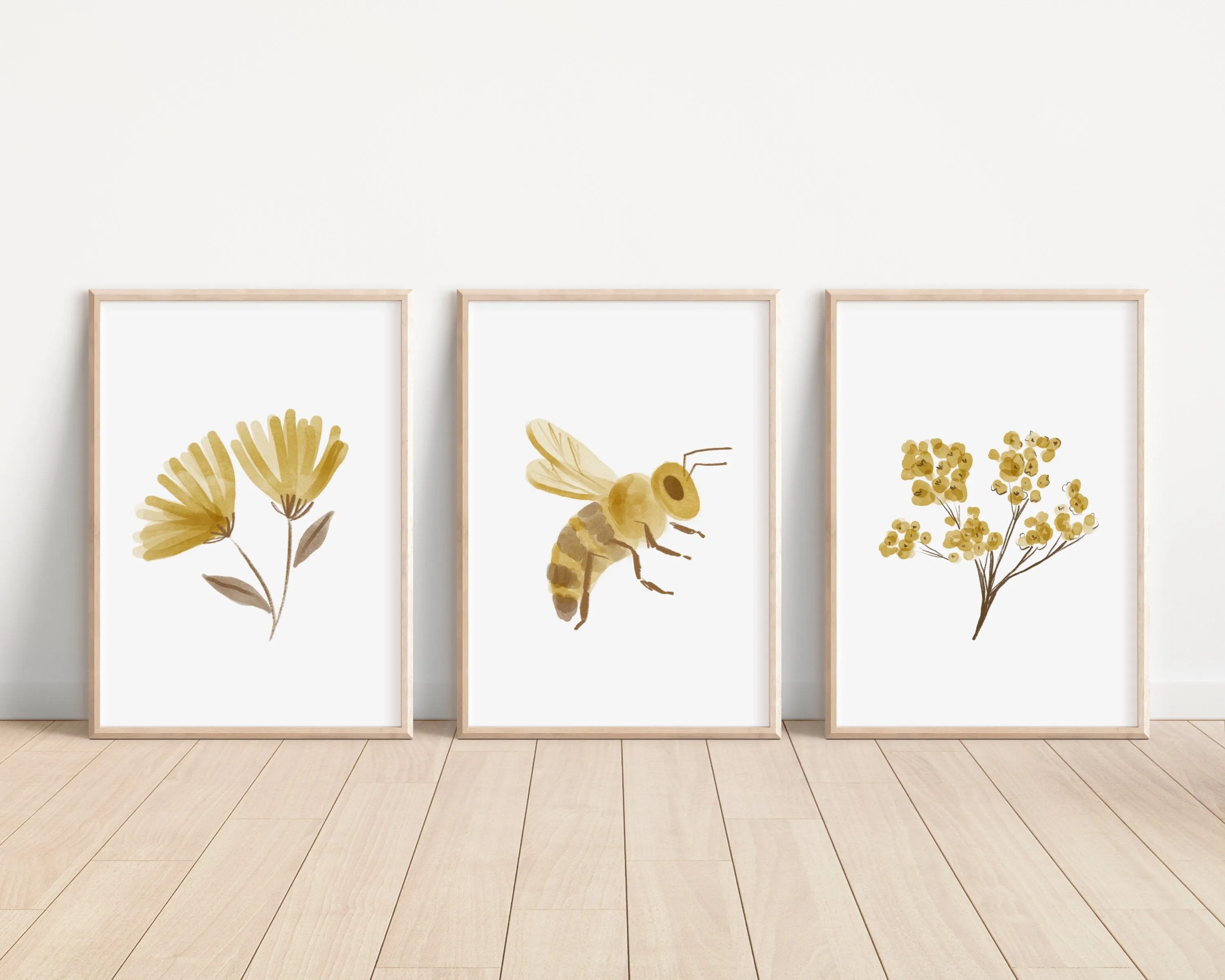 Boho Floral Bee Art Prints, Yellow Nursery Wall Art, Nursery Decor, Play Room, Baby Room Ideas, Set of 3
