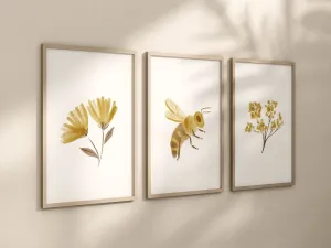 Boho Floral Bee Art Prints, Yellow Nursery Wall Art, Nursery Decor, Play Room, Baby Room Ideas, Set of 3
