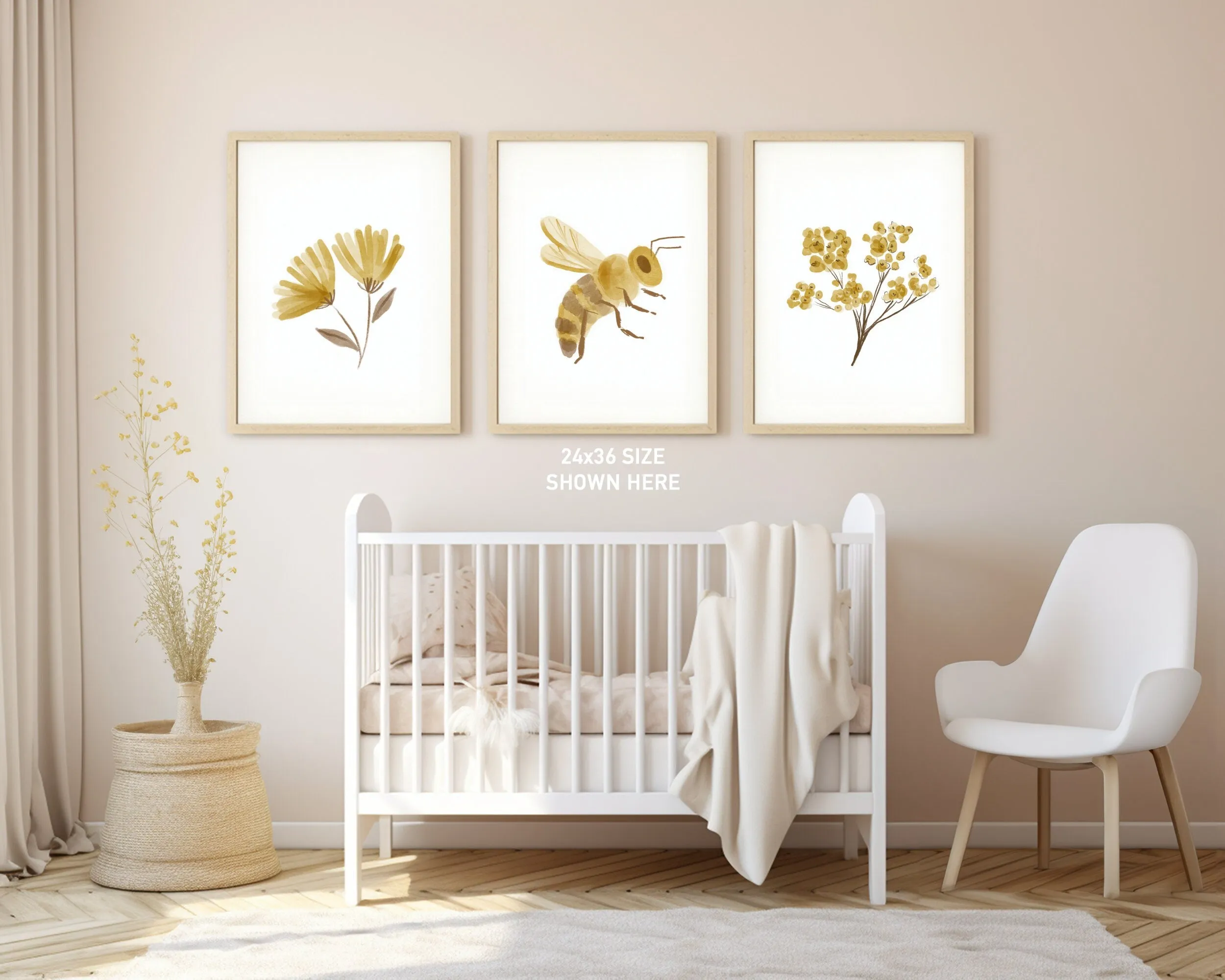 Boho Floral Bee Art Prints, Yellow Nursery Wall Art, Nursery Decor, Play Room, Baby Room Ideas, Set of 3