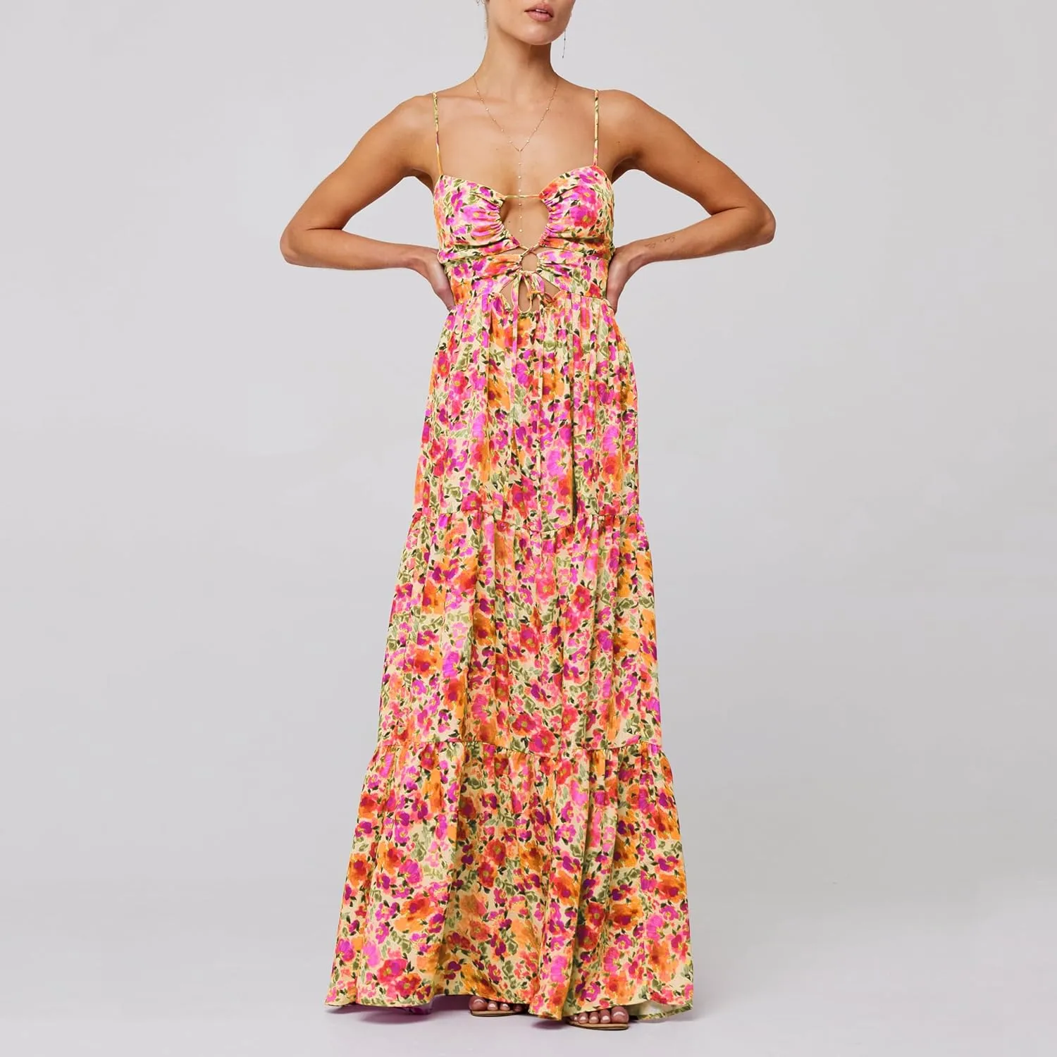 Boho Floral Tie Front Maxi Dress Women Y2k Cutout Flowy Spaghetti Strap Beach Sundress Long Cami Dresses Summer