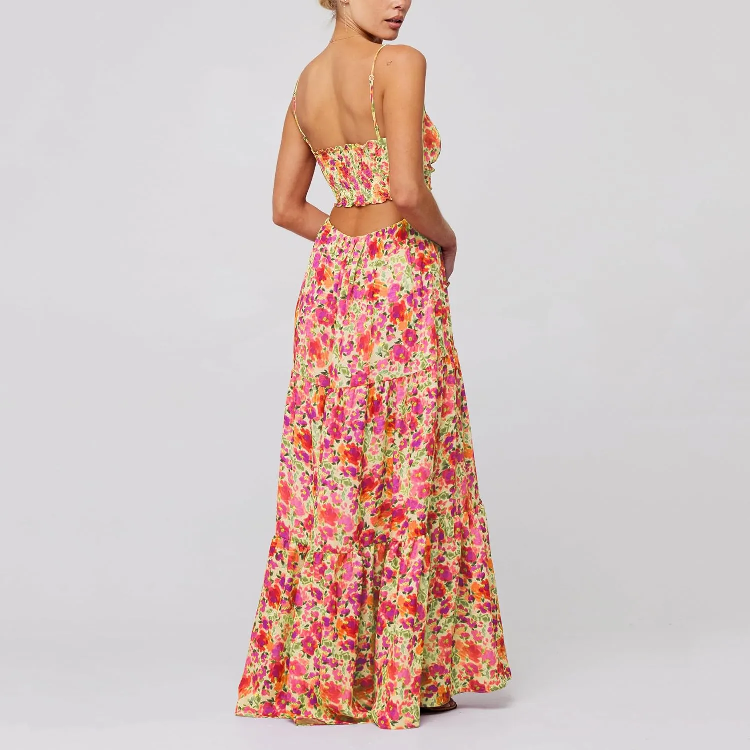 Boho Floral Tie Front Maxi Dress Women Y2k Cutout Flowy Spaghetti Strap Beach Sundress Long Cami Dresses Summer