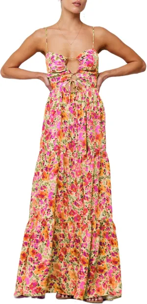 Boho Floral Tie Front Maxi Dress Women Y2k Cutout Flowy Spaghetti Strap Beach Sundress Long Cami Dresses Summer