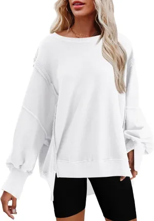 Bornpom Oversized Sweatshirt Crewneck Sweatshirts Long Sleeve Shirts Slit Pullover Top Solid Color Preppy Clothes