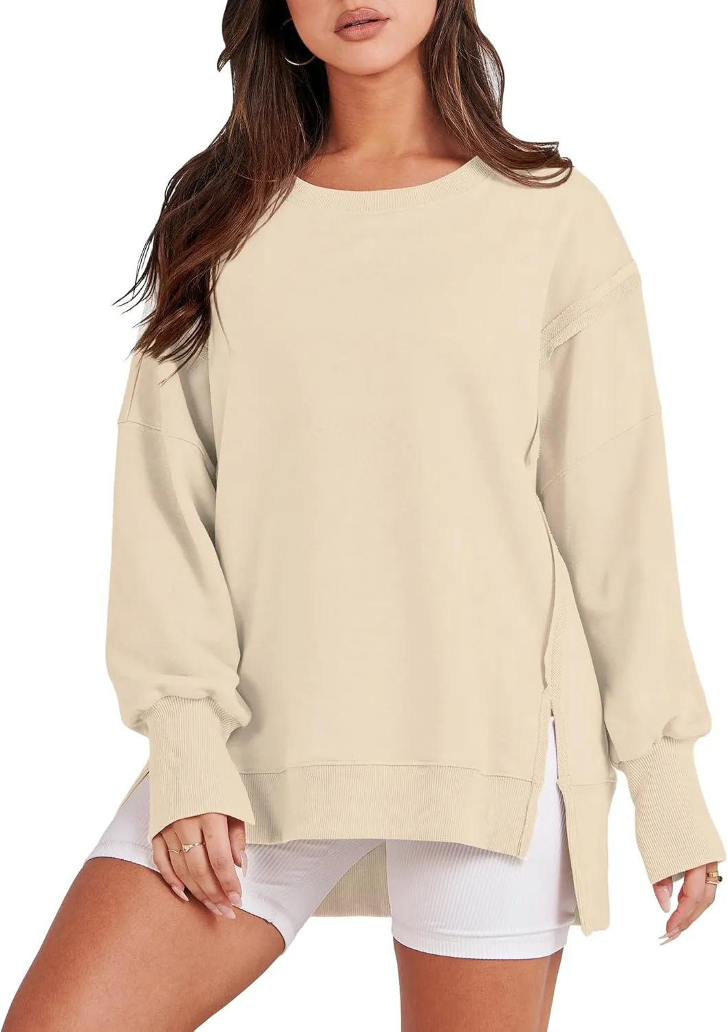 Bornpom Oversized Sweatshirt Crewneck Sweatshirts Long Sleeve Shirts Slit Pullover Top Solid Color Preppy Clothes