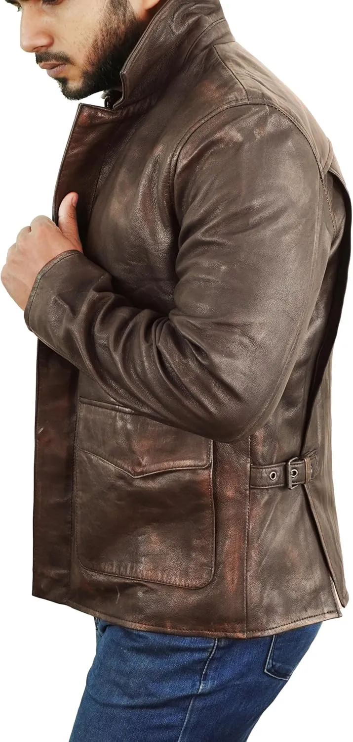 Brown Leather Jacket Men - Vintage Collar Distressed Style Mens Leather Motorcycle Jacket