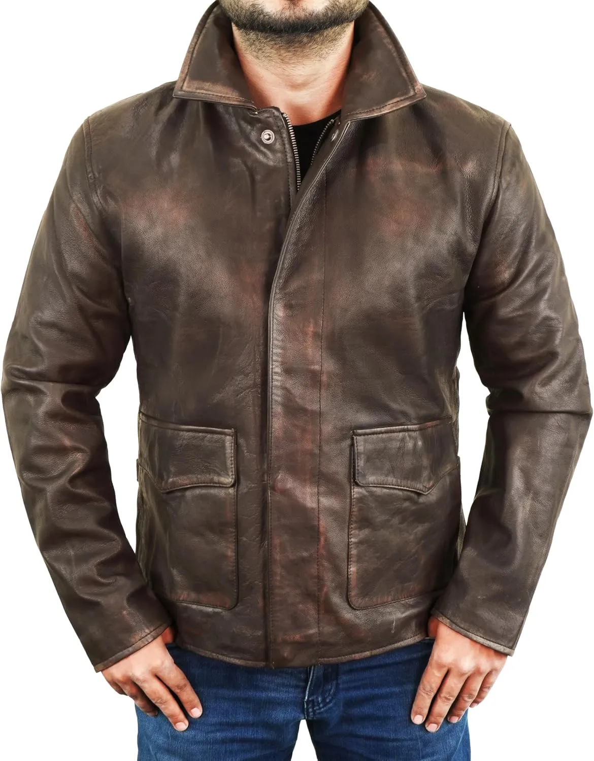 Brown Leather Jacket Men - Vintage Collar Distressed Style Mens Leather Motorcycle Jacket