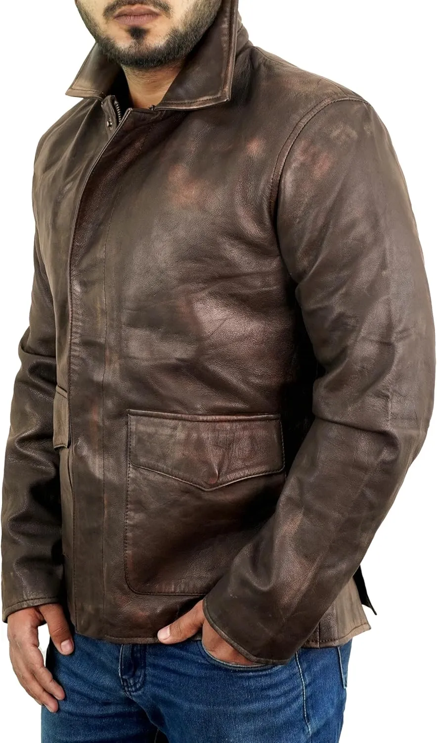 Brown Leather Jacket Men - Vintage Collar Distressed Style Mens Leather Motorcycle Jacket