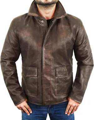 Brown Leather Jacket Men - Vintage Collar Distressed Style Mens Leather Motorcycle Jacket
